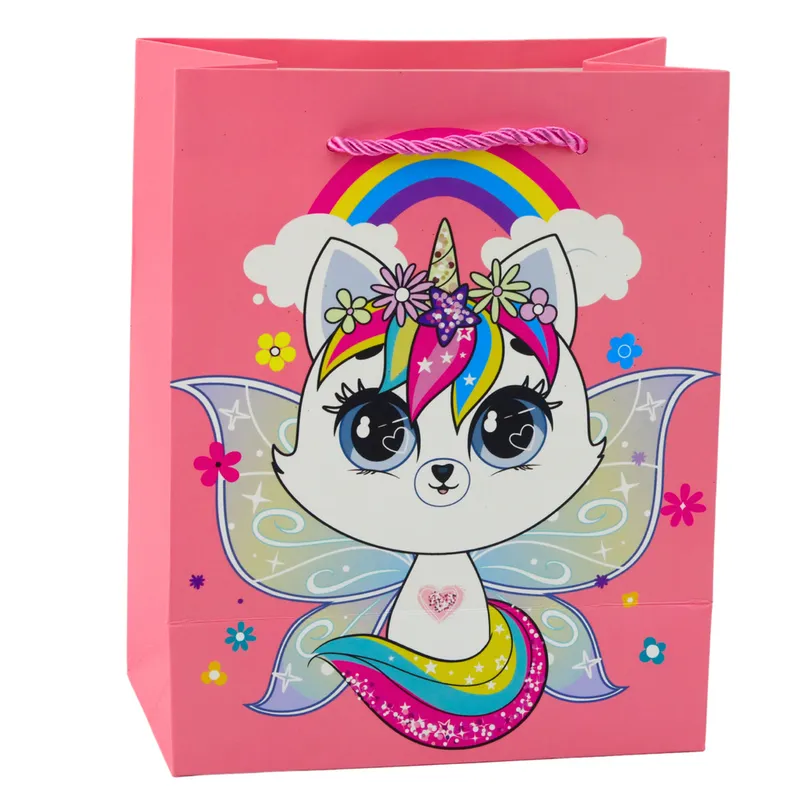 Torba Prezentowa Papierowa Kotki Brokatowa 23 x 18 x 10,5 cm - Różowa
