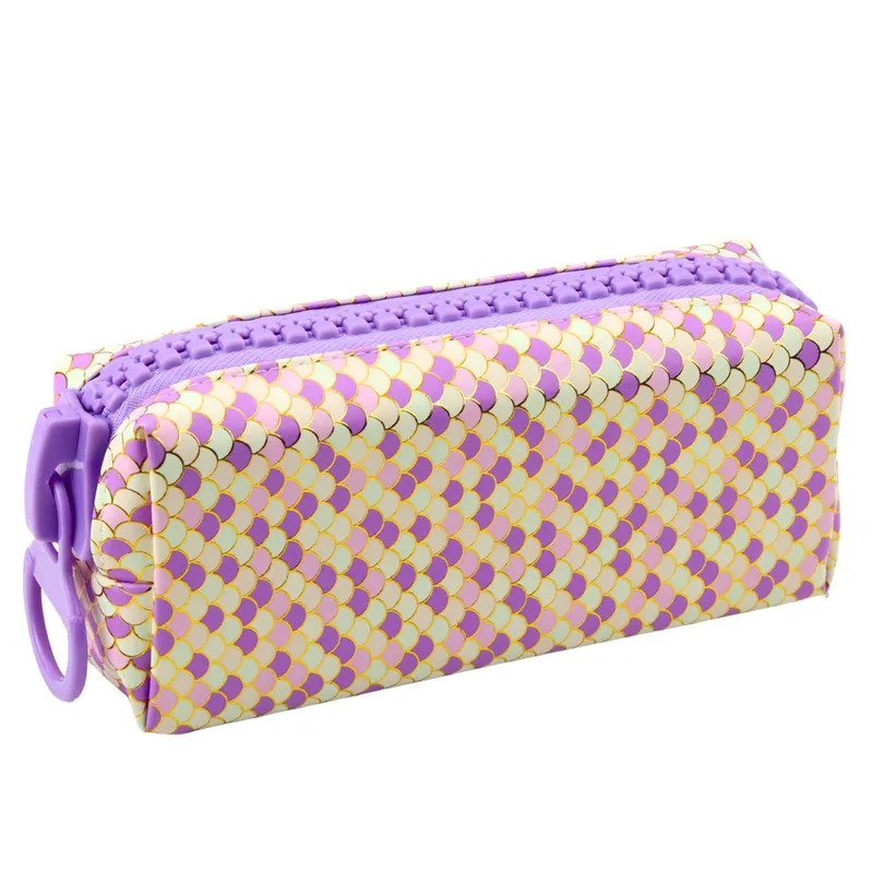 Piórnik Szkolny Organizer Wzór Łusek Syrenich Duży Suwak 21x8cm - Fioletowy