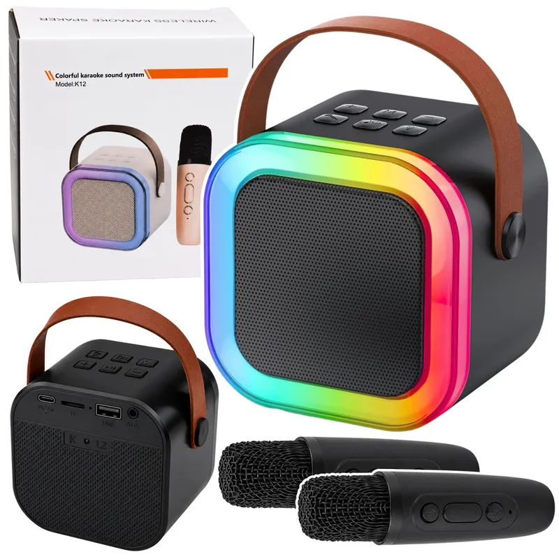 Zestaw Do Karaoke Głośnik Bluetooth Dwa Mikrofony Światła LED - Czarny