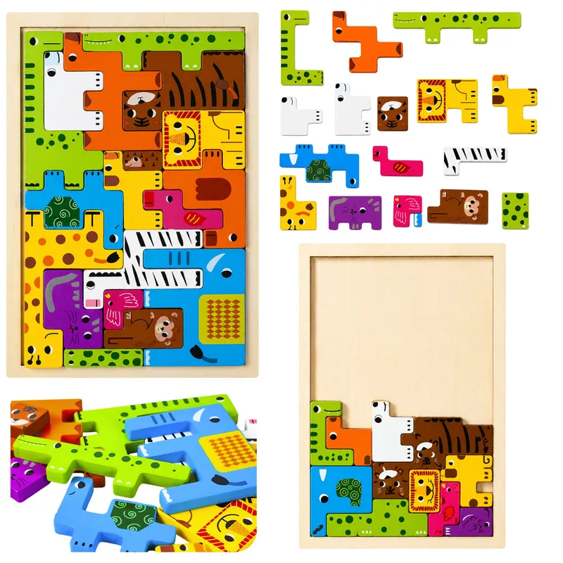 Drewniane Puzzle Łamigłówka Układanka Logiczna Zwierzęta Kolorowe 20 el