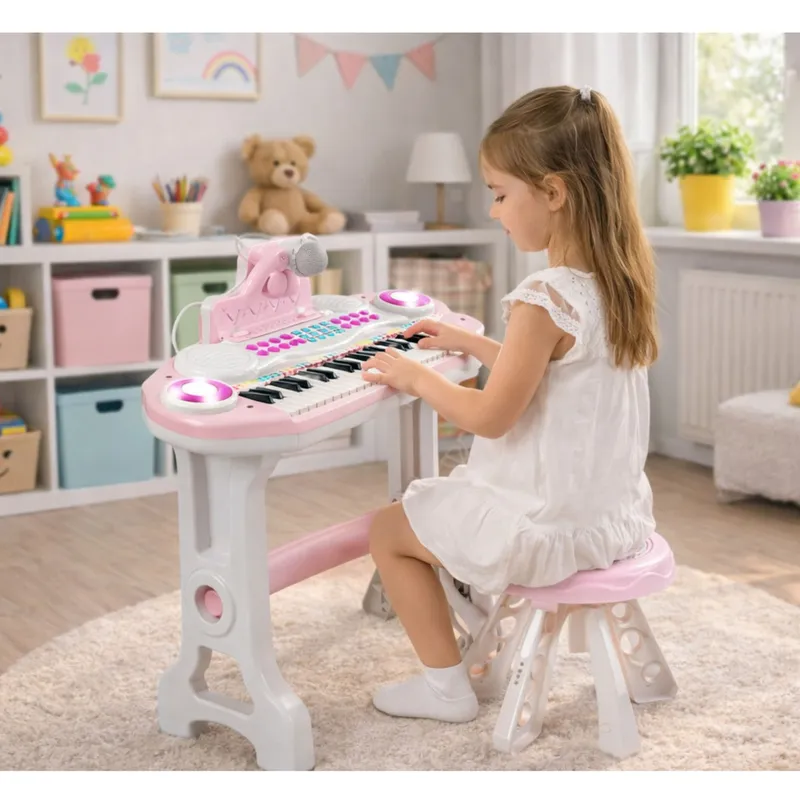 Pianinko Elektroniczne Organy Dla Dzieci Stołek Mikrofon MP3 - Różowe