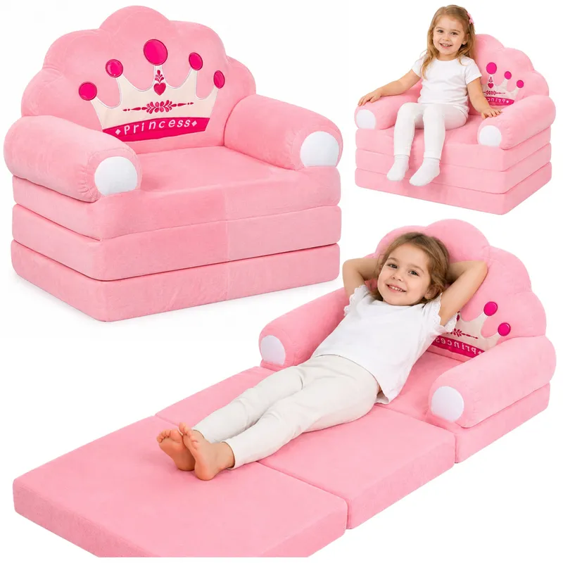 Rozkładany Fotel Sofa Leżanka Z Koroną 2w1 Dla Dzieci Miękki - Różowy
