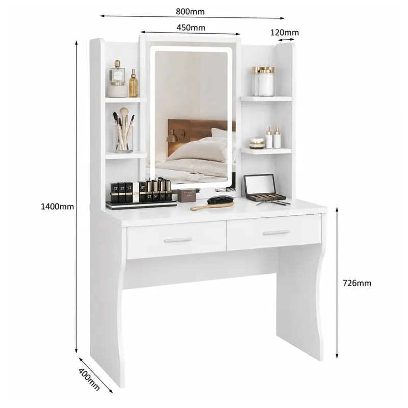 Toaletka Kosmetyczna Z Lustrem LED Półki Szuflady 140x80x40 cm - Biała