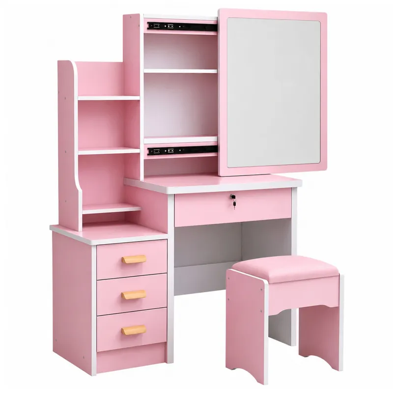 Toaletka Kosmetyczna Z Lustrem Szuflady Półki Taboret 130x80x36 cm - Różowa
