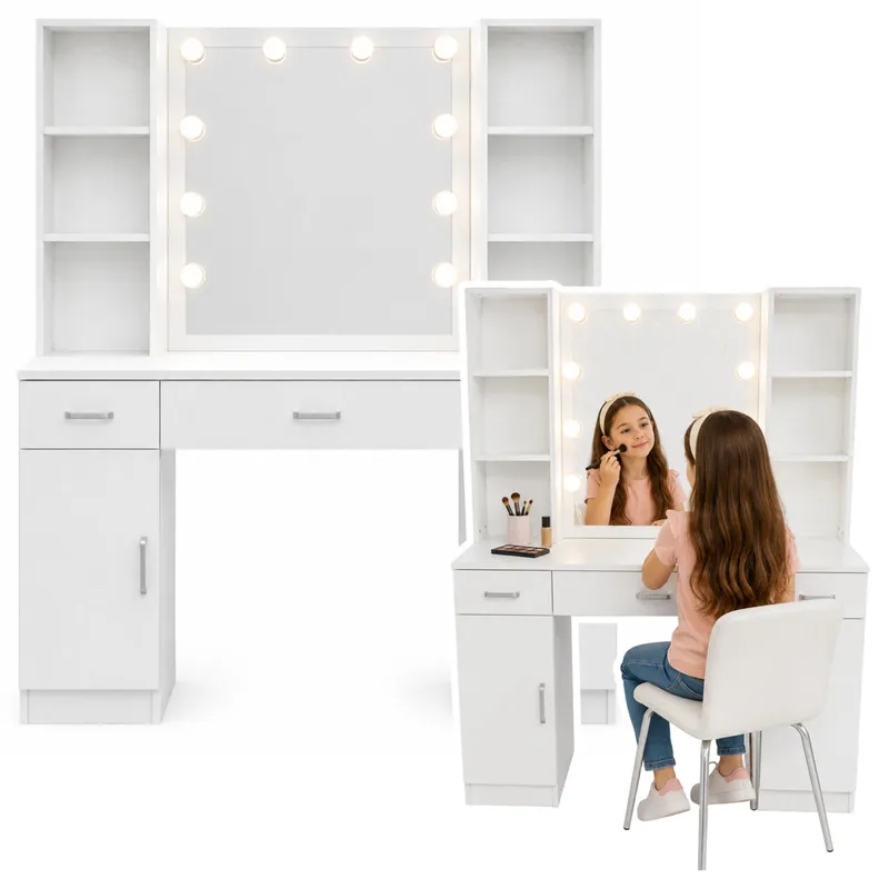 Duża Toaletka Kosmetyczna Z Lustrem LED Szafki Szuflady 141x114x39 cm - Biała