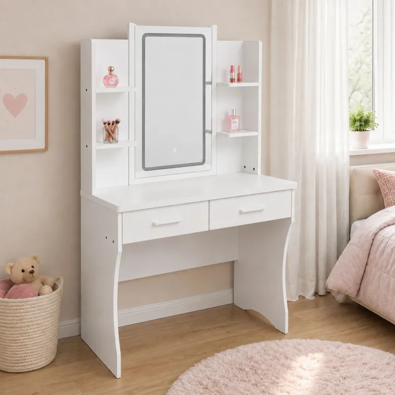 Toaletka Kosmetyczna Z Lustrem LED Półki Szuflady 140x80x40 cm - Biała