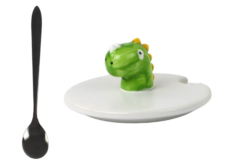 Kubek Ceramiczny Dinozaur Przykrywka Łyżeczka 350ml - Niebieski