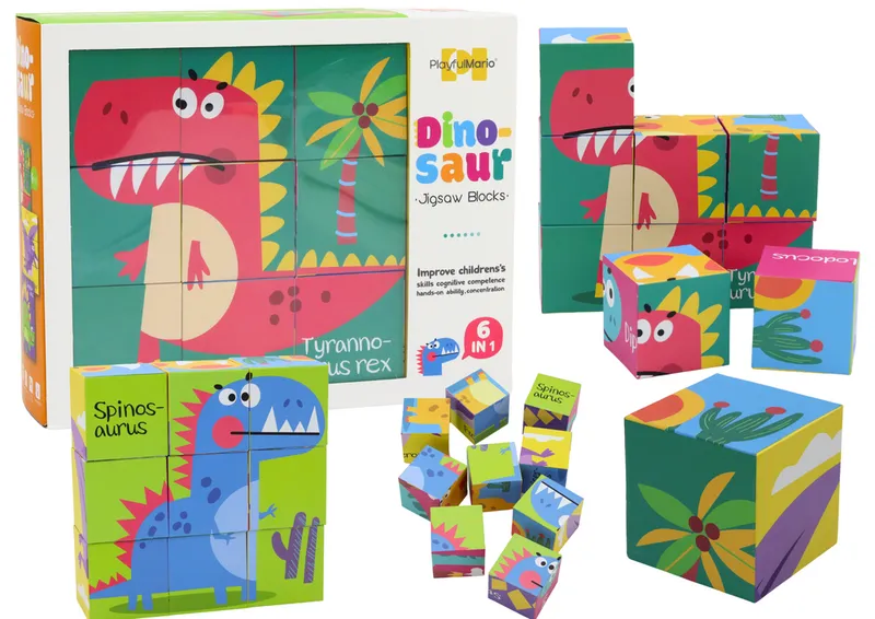 Edukacyjne Puzzle 6w1 Klocki Układanka Kostki 6 Obrazków Dinozaury 9 el