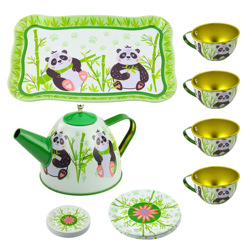 Zestaw Do Herbaty Metalowy Dzbanek Filiżanka Talerzyki Panda 14el - Zielony
