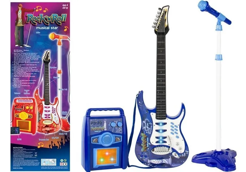 Zestaw Gitara Elektryczna Mikrofon Na Statywie Wzmacniacz - Niebieska