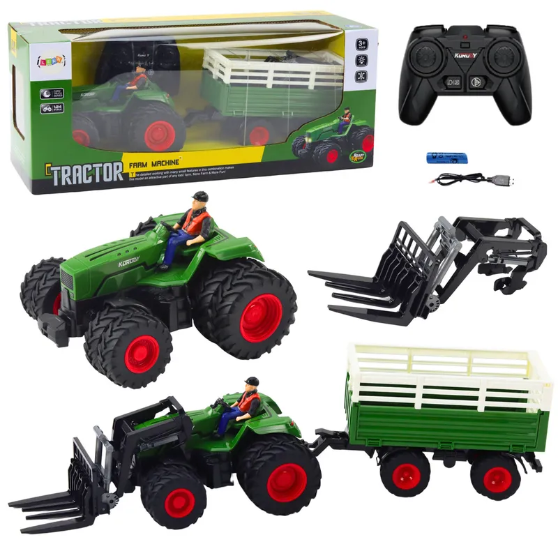 Traktor Rolniczy Z Przyczepą I Widłami Podwójne Koła Zdalnie Sterowany RC