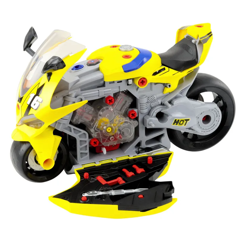Motocykl Do Rozkręcania 2w1 DIY Warsztat Światła Dźwięki Dym 43cm - Żółty