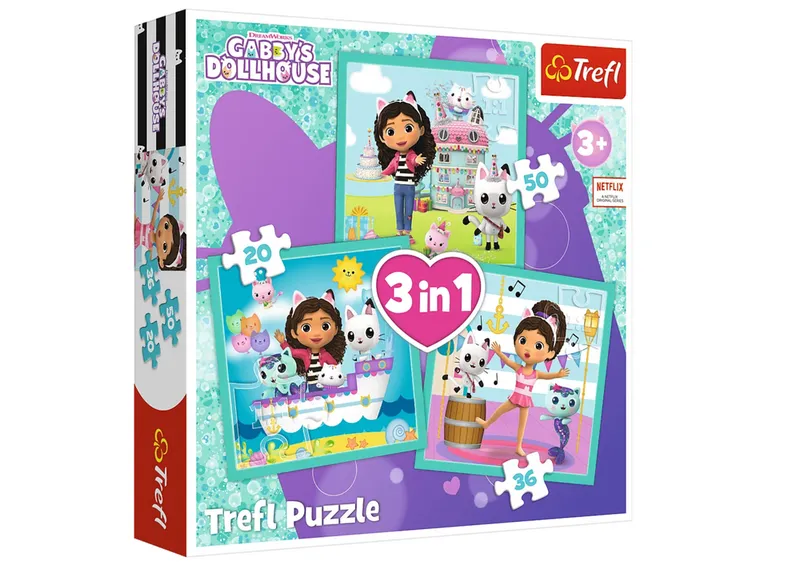 Puzzle - 3w1 (20, 36, 50) - Aktywności Gabbi - Koci Domek Gabi - TREFL 34871