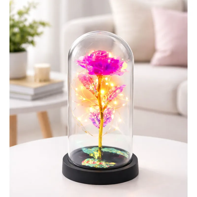Wieczna Kryształowa Róża W Kopule Z Oświetleniem LED 21x11cm - Różowa