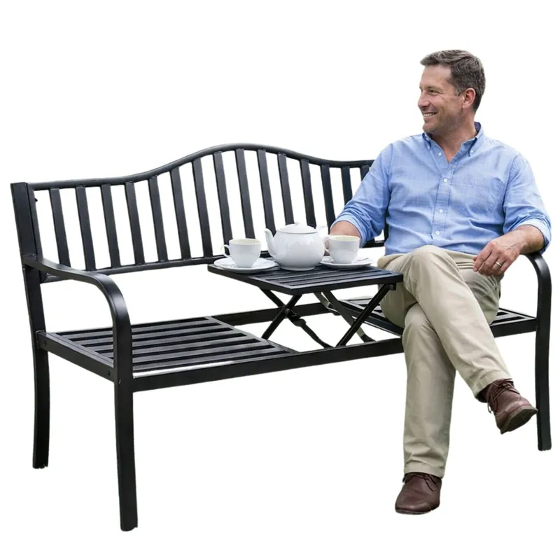 Ławka Ogrodowa Taras Ogród Park Metalowa Oparcie Stolik 150 cm - Czarna