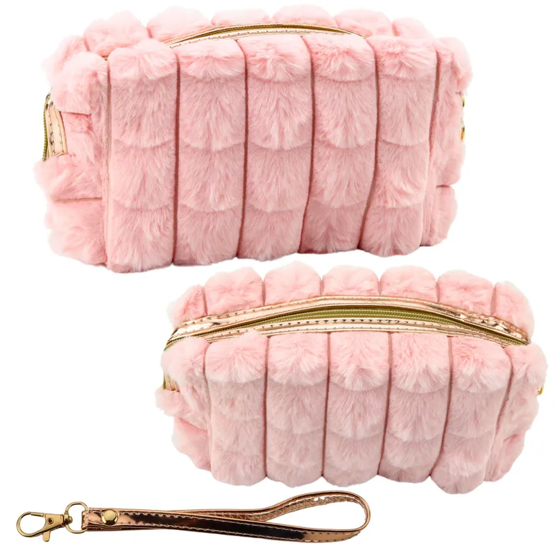 Kosmetyczka Pluszowa Z Uchwytem Pojemna 20cm - Różowa