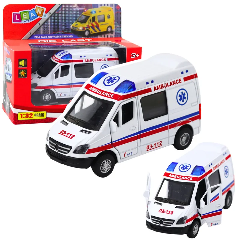 Karetka Ambulans Metalowy Z Napędem Pull Back Światła Dźwięki 1:32 - Biały