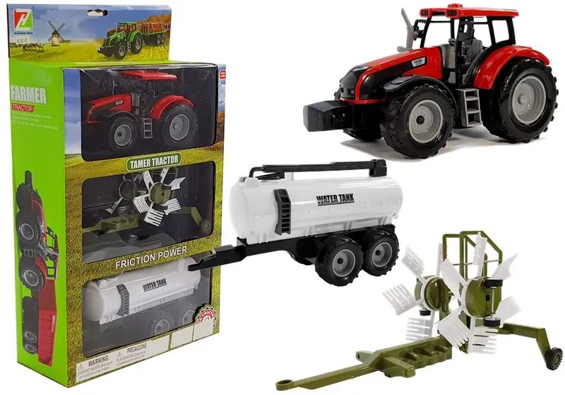 Traktor Z Przyczepką, Zgrabiarką I Cysterną - Czerwony