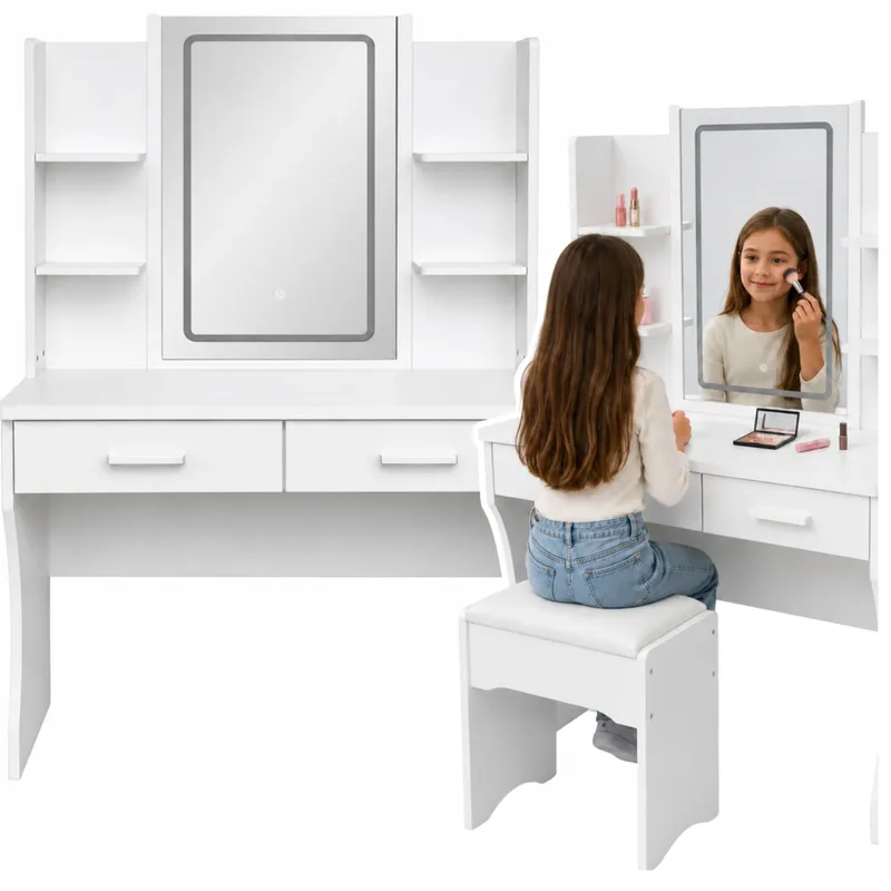 Toaletka Kosmetyczna Z Lustrem LED Półki Szuflady 140x80x40 cm - Biała
