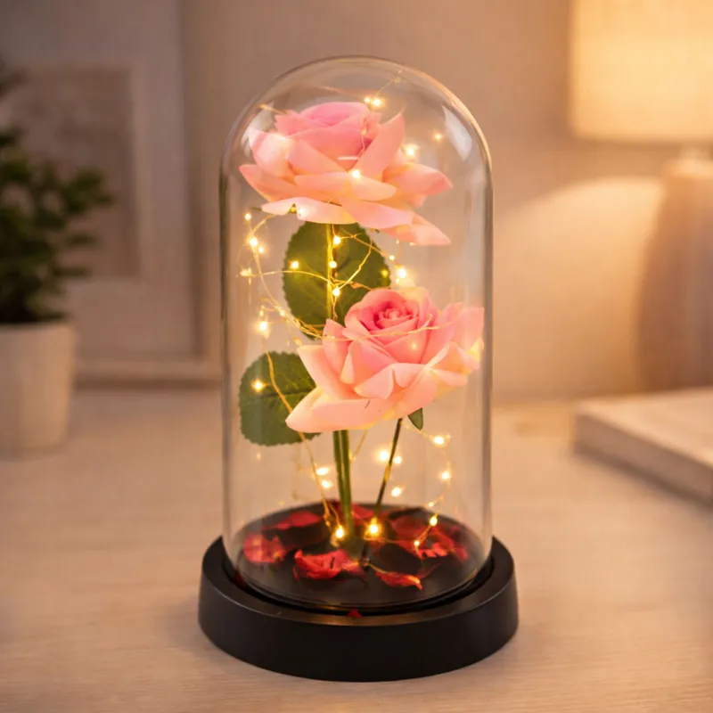 Wieczne Róże W Kopule Z Oświetleniem LED I Płatkami Róż 21x11cm - Różowe
