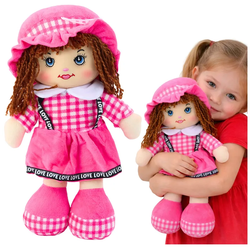 Lalka Szmacianka Przytulanka Sukienka W Kratkę 35 cm - Różowa