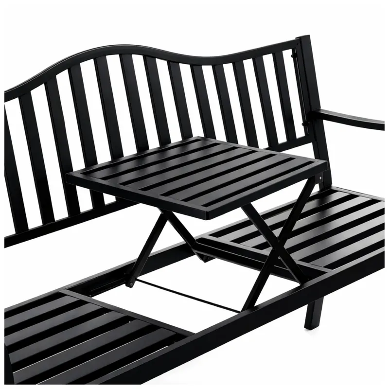 Ławka Ogrodowa Taras Ogród Park Metalowa Oparcie Stolik 150 cm - Czarna