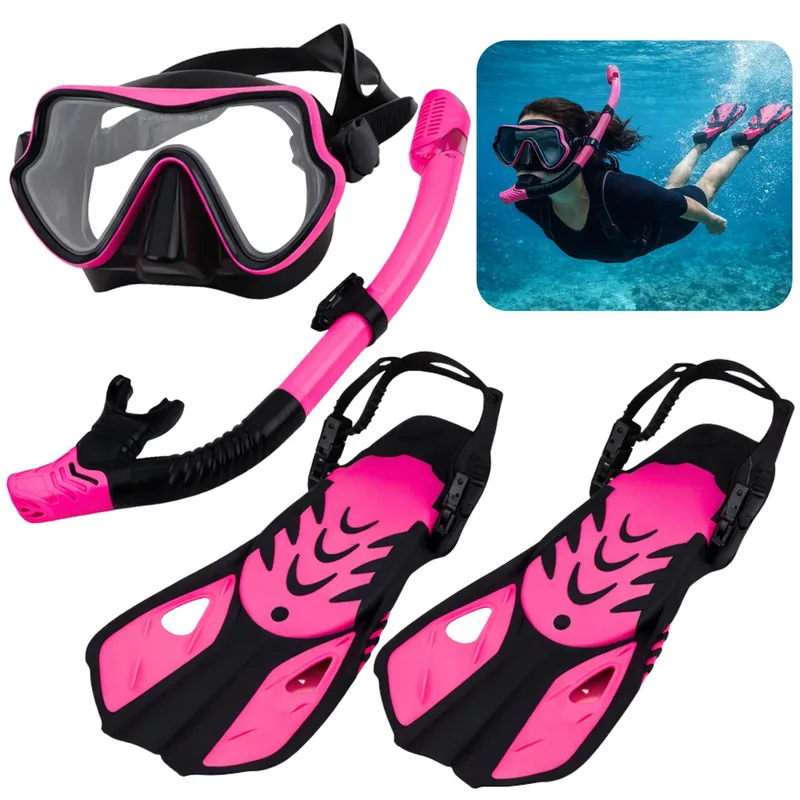 Zestaw Do Nurkowania Snorkelingu Płetwy Okulary Fajka S/M - Czarno-Różowy