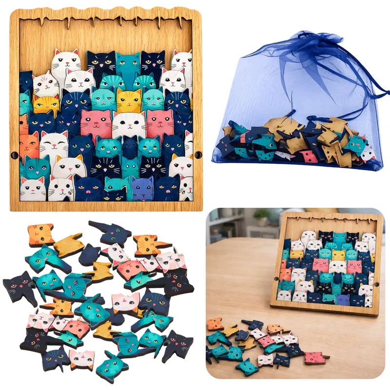 Drewniane Puzzle Kotki Układanka Edukacyjna Ramka Woreczek 62 el