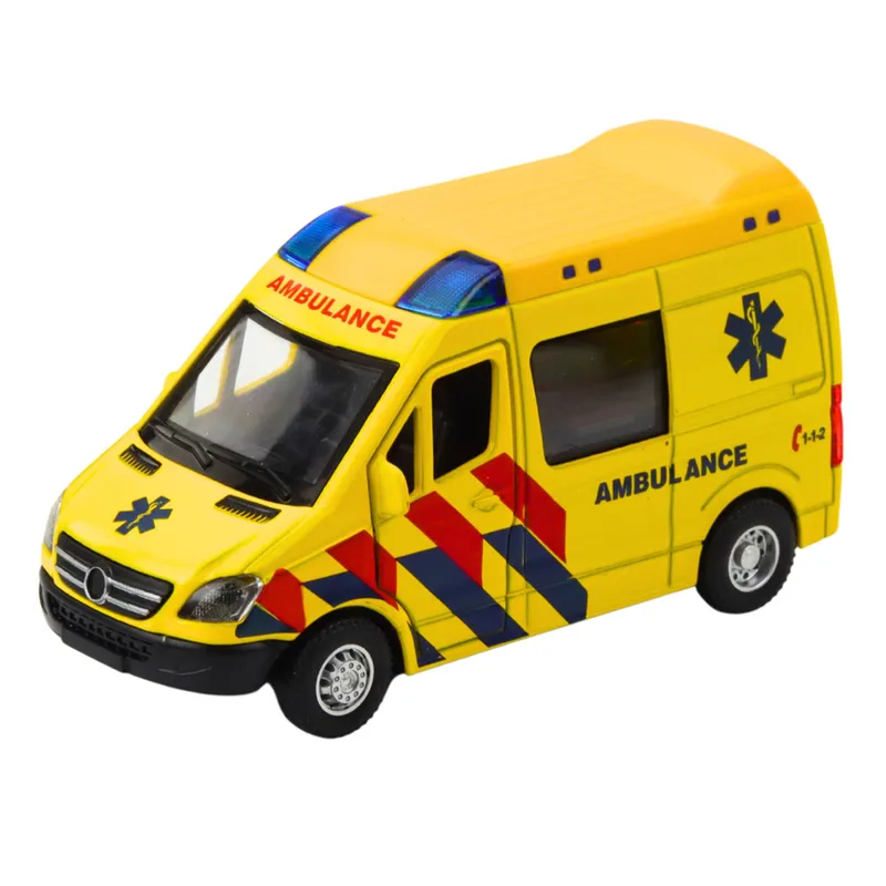 Karetka Ambulans Metalowy Z Napędem Pull Back Światła Dźwięki 1:32 - Żółty