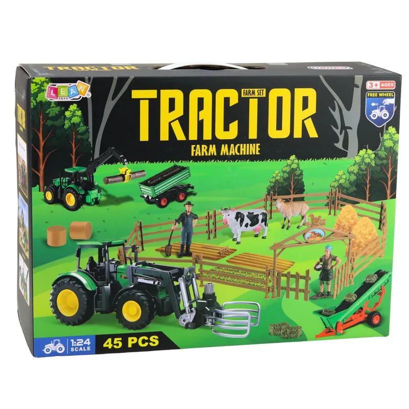 Zestaw Rolniczy Traktor Z Przyczepą Zwierzęta Farmerzy Farma 45 el