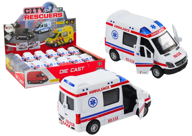 Ambulans Karetka 1:32 Otwierane Drzwi Światła Dźwięki Napęd - Biała