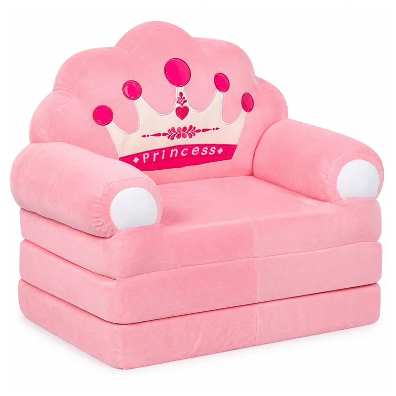 Rozkładany Fotel Sofa Leżanka Z Koroną 2w1 Dla Dzieci Miękki - Różowy