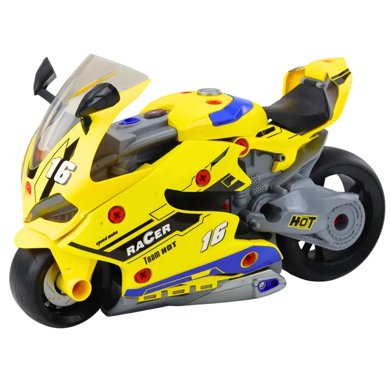Motocykl Do Rozkręcania 2w1 DIY Warsztat Światła Dźwięki Dym 43cm - Żółty
