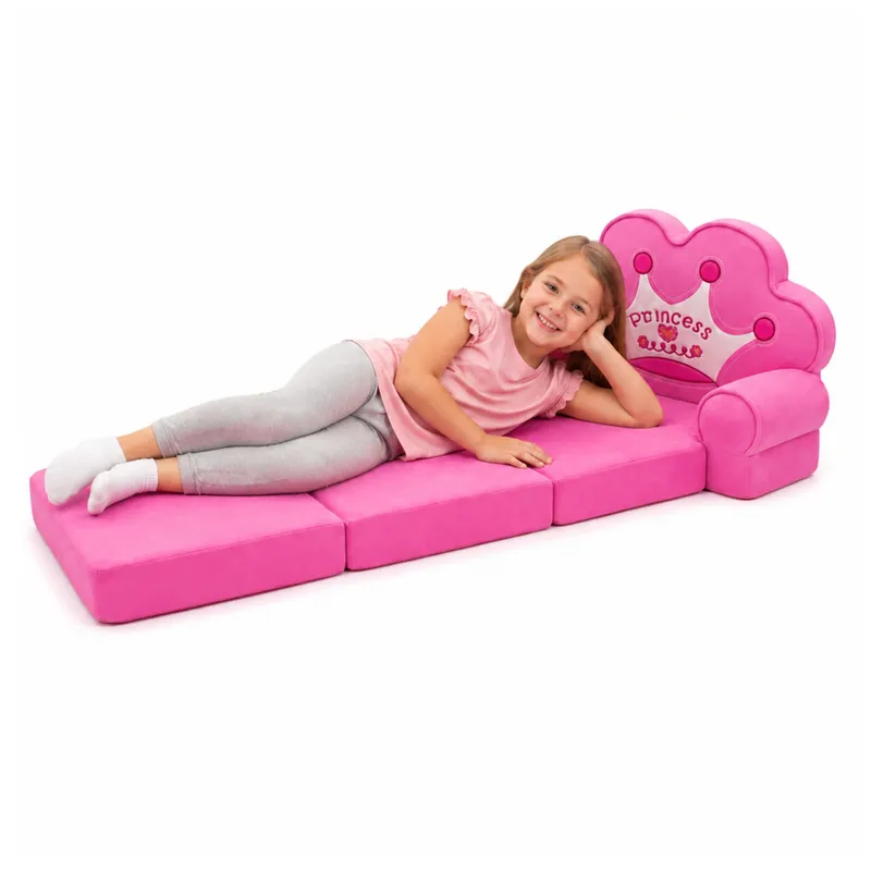 Rozkładany Fotel Sofa Leżanka Z Koroną 2w1 Dla Dzieci Miękki - Różowy