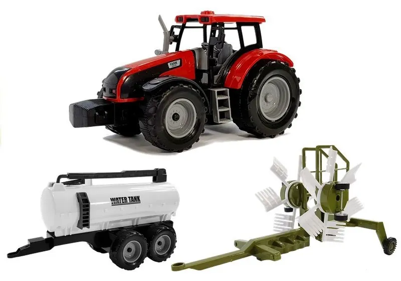 Traktor Z Przyczepką, Zgrabiarką I Cysterną - Czerwony