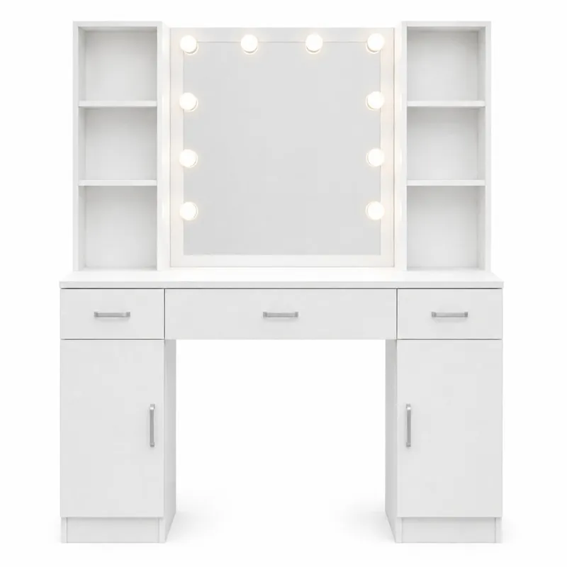 Duża Toaletka Kosmetyczna Z Lustrem LED Szafki Szuflady 141x114x39 cm - Biała