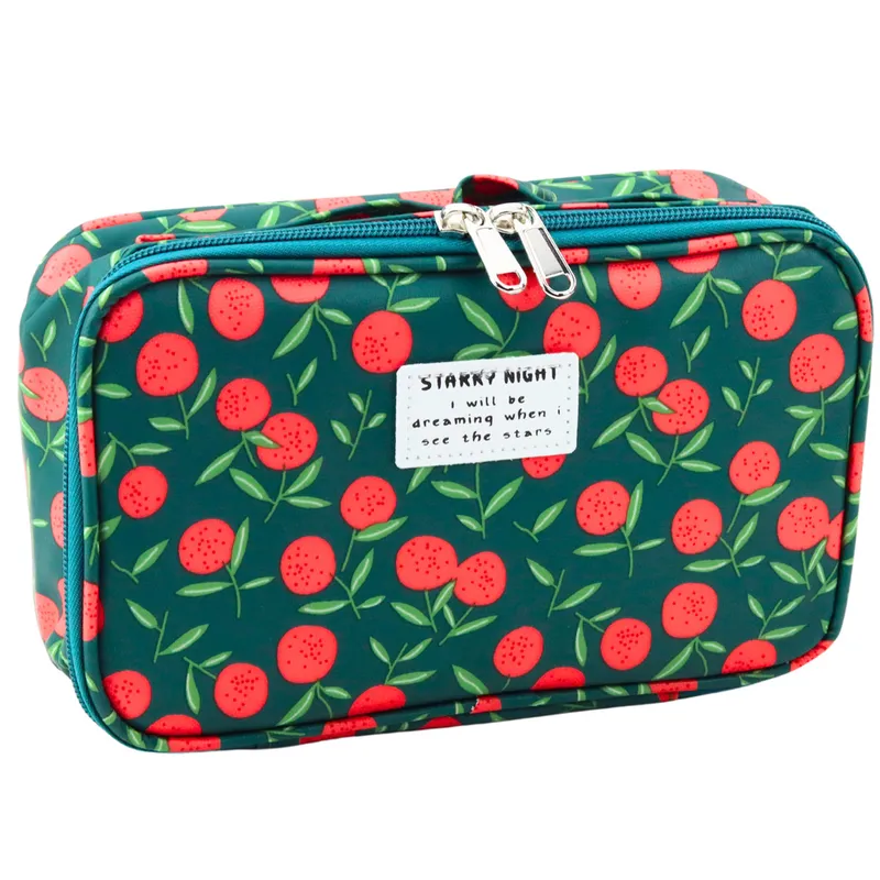 Piórnik Szkolny Organizer Kosmetyczka Kieszonka Wiśnie 22,5cm - Zielony