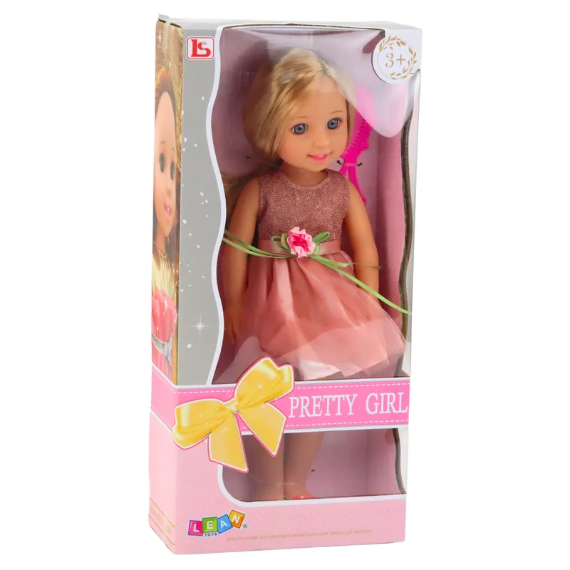 Lalka W Sukience Z Kokardką Długie Włosy Grzebień 38cm - Różowa