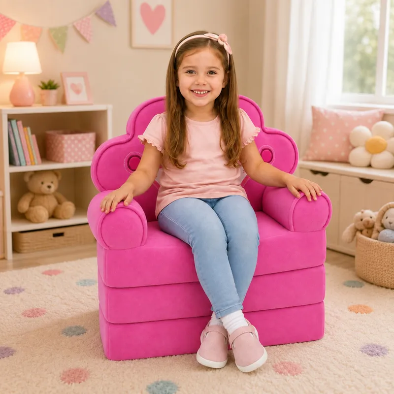 Rozkładany Fotel Sofa Leżanka Z Koroną 2w1 Dla Dzieci Miękki - Różowy