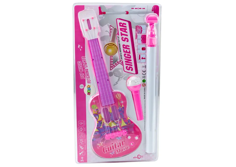 Zestaw Gitara Elektryczna Statyw Z Mikrofonem Na Baterie - Różowe