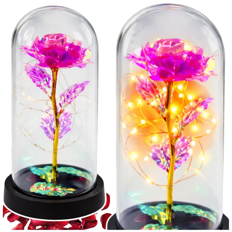 Wieczna Kryształowa Róża W Kopule Z Oświetleniem LED 21x11cm - Różowa