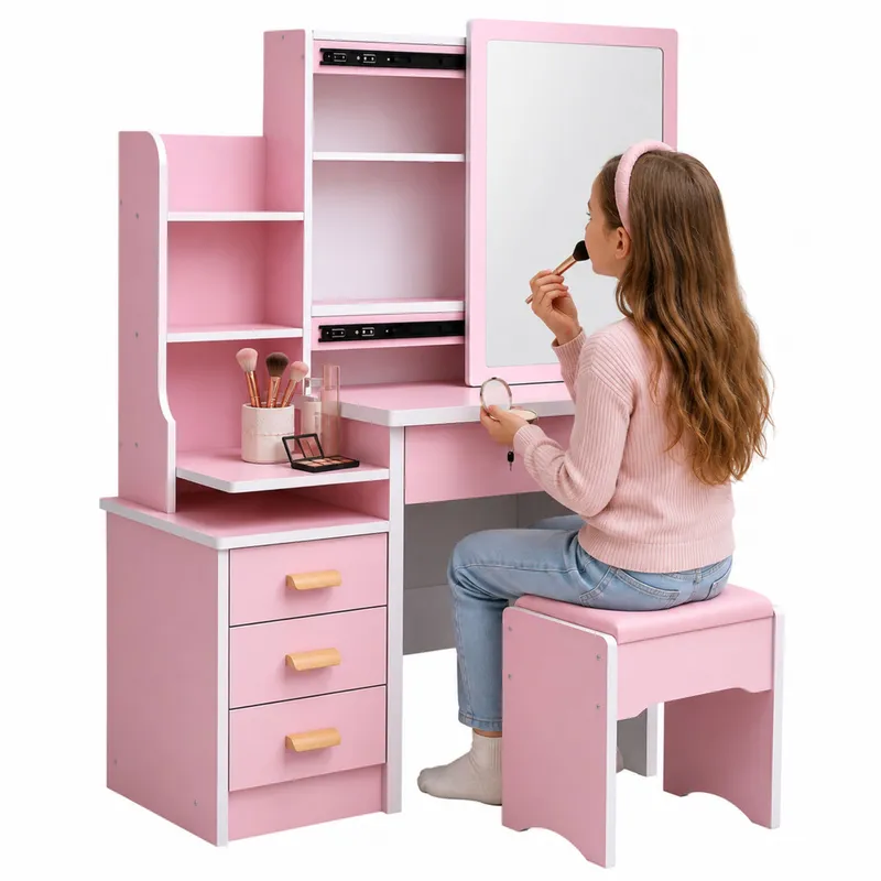 Toaletka Kosmetyczna Z Lustrem Szuflady Półki Taboret 130x80x36 cm - Różowa