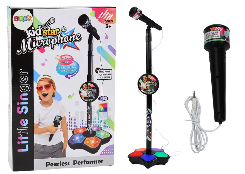 Mikrofon Ze Statywem Dla Dzieci Karaoke Regulowany Światła - Czarny