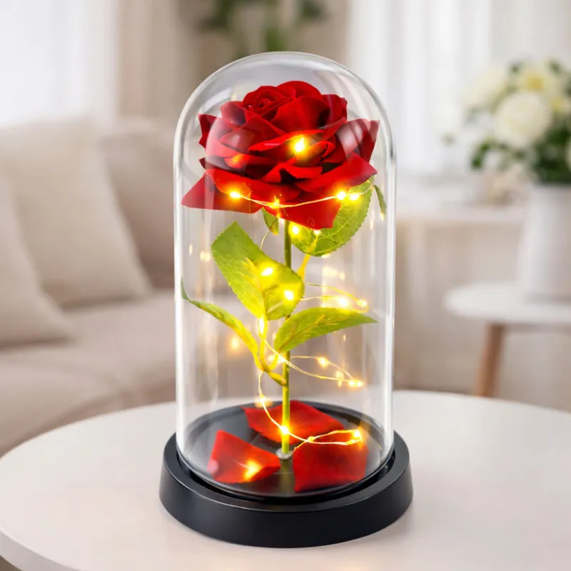 Wieczna Róża W Szklanej Kopule Oświetlenie LED 21,5 x 11 cm - Czerwona