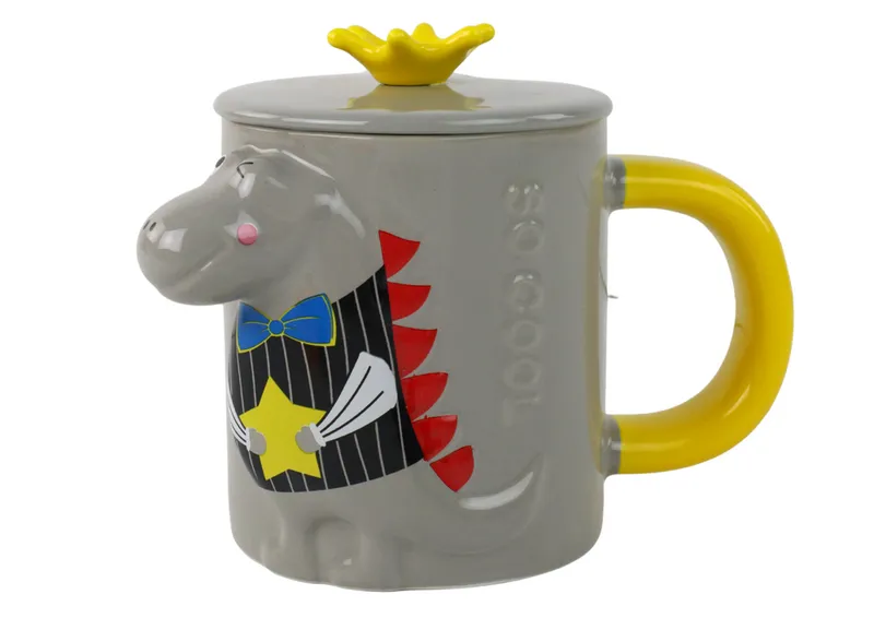 Kubek Ceramiczny Z Pokrywką Dinozaur 400 ml - Szary
