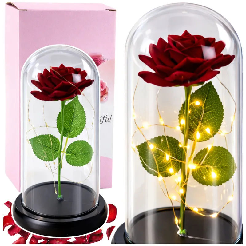 Wieczna Róża W Kopule Z Oświetleniem LED 21x11cm - Czerwona