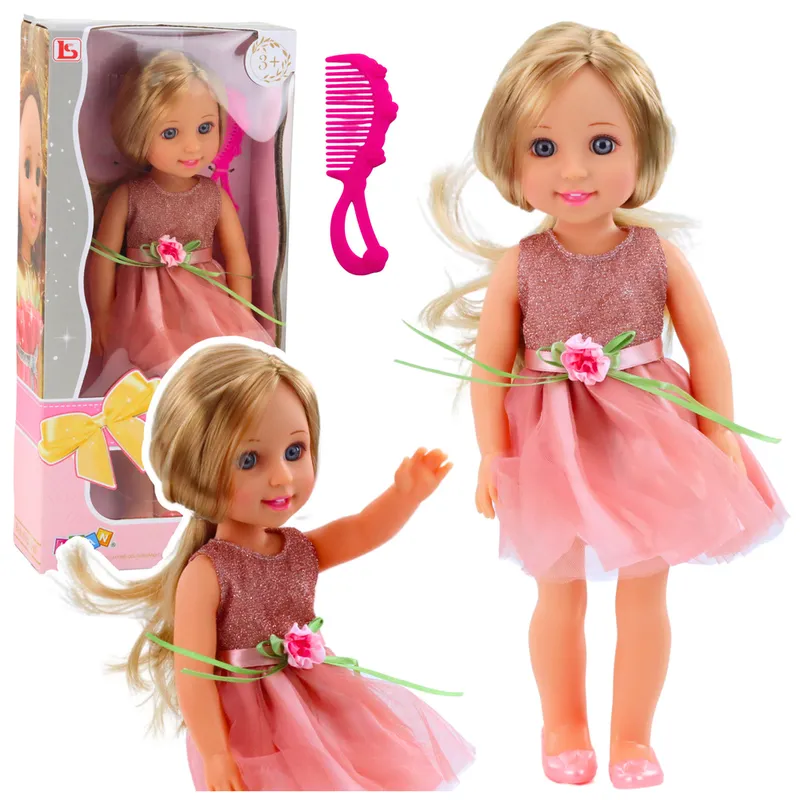 Lalka W Sukience Z Kokardką Długie Włosy Grzebień 38cm - Różowa