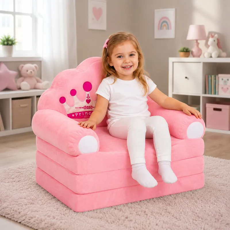 Rozkładany Fotel Sofa Leżanka Z Koroną 2w1 Dla Dzieci Miękki - Różowy