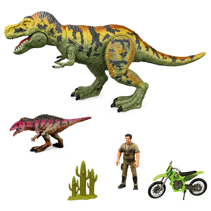 Zestaw Dinozaur T-Rex Ruchomy Myśliwy Motor Figurki Akcesoria Dźwięki