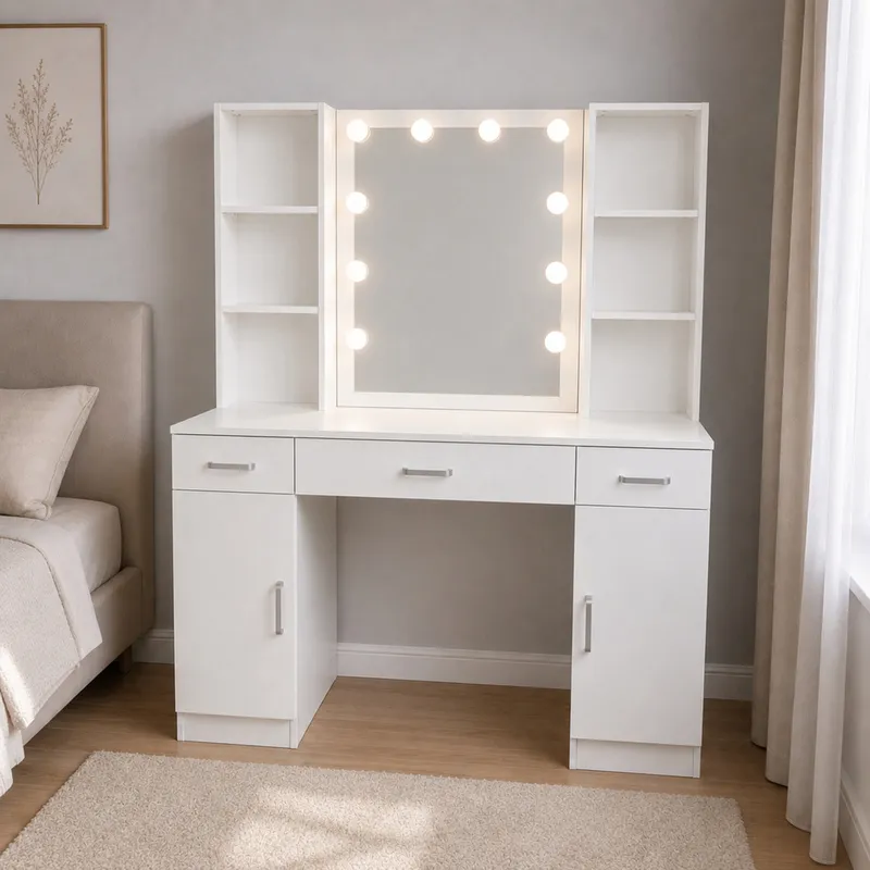 Duża Toaletka Kosmetyczna Z Lustrem LED Szafki Szuflady 141x114x39 cm - Biała